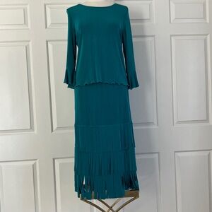 Elegant Teal Top with Ruffled Sleeves and Matching Fringed Skirt